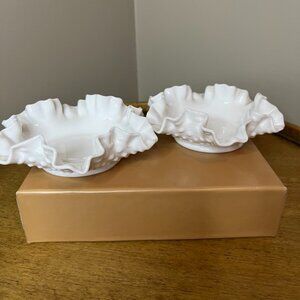 Vintage Fenton Milk Glass Hobnail Ruffled Edge Candy/Trinket Dish (2 pieces)
